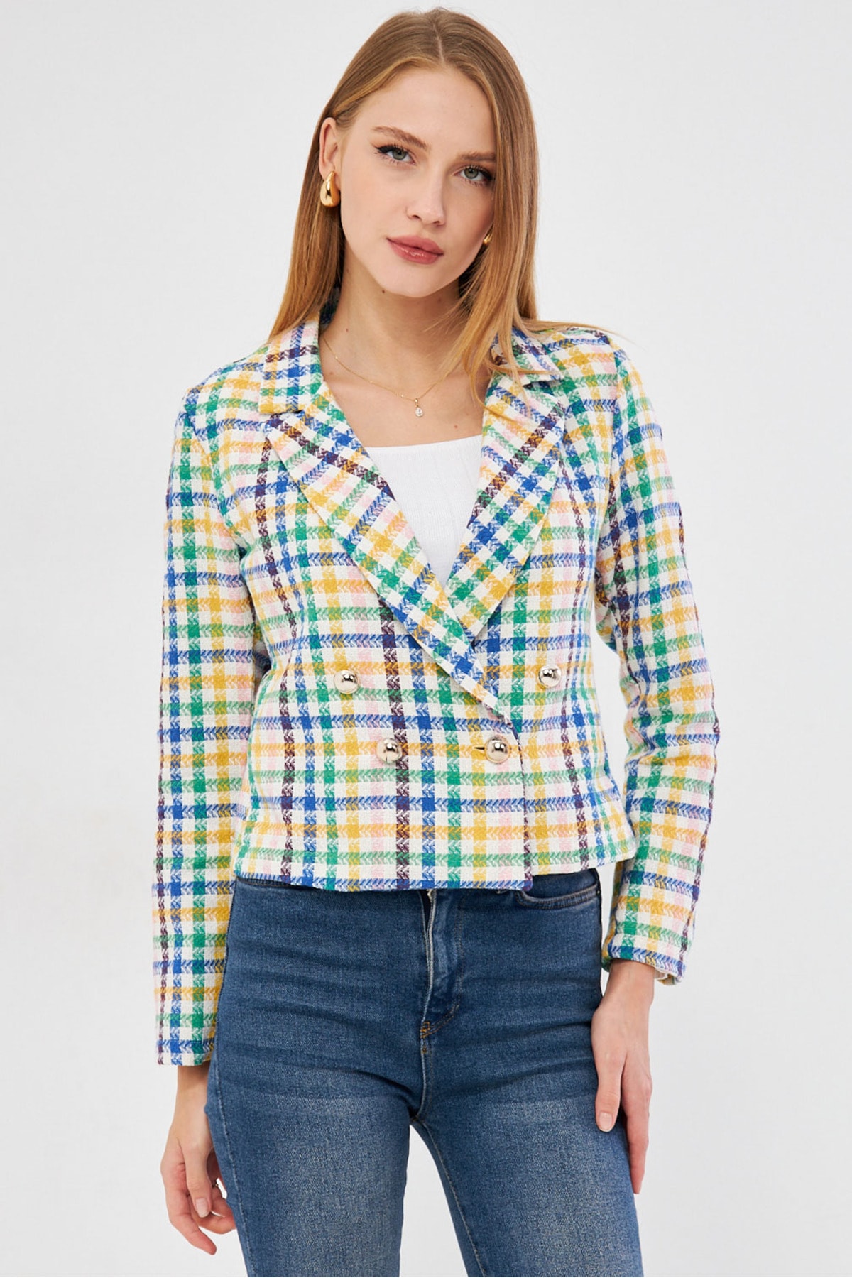 Kadın Mavi-Sarı Kruvaze Yaka Tüvit Crop Ceket  ARM-24K001014