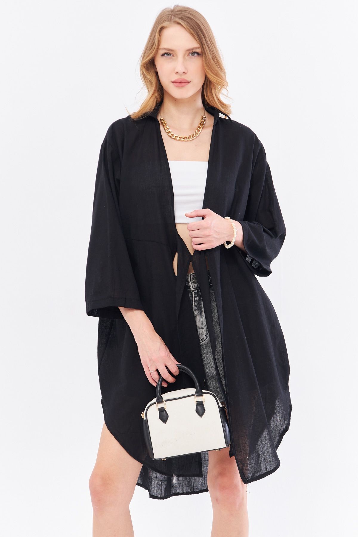 Kadın Siyah Önden Bağlamalı İnce Keten Kumaş Midi Boy Kimono Gömlek ARM-24Y001081