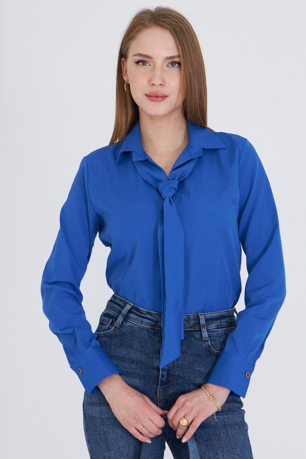 Kadın Saks Kravat Detaylı Gömlek ARM-25Y001030