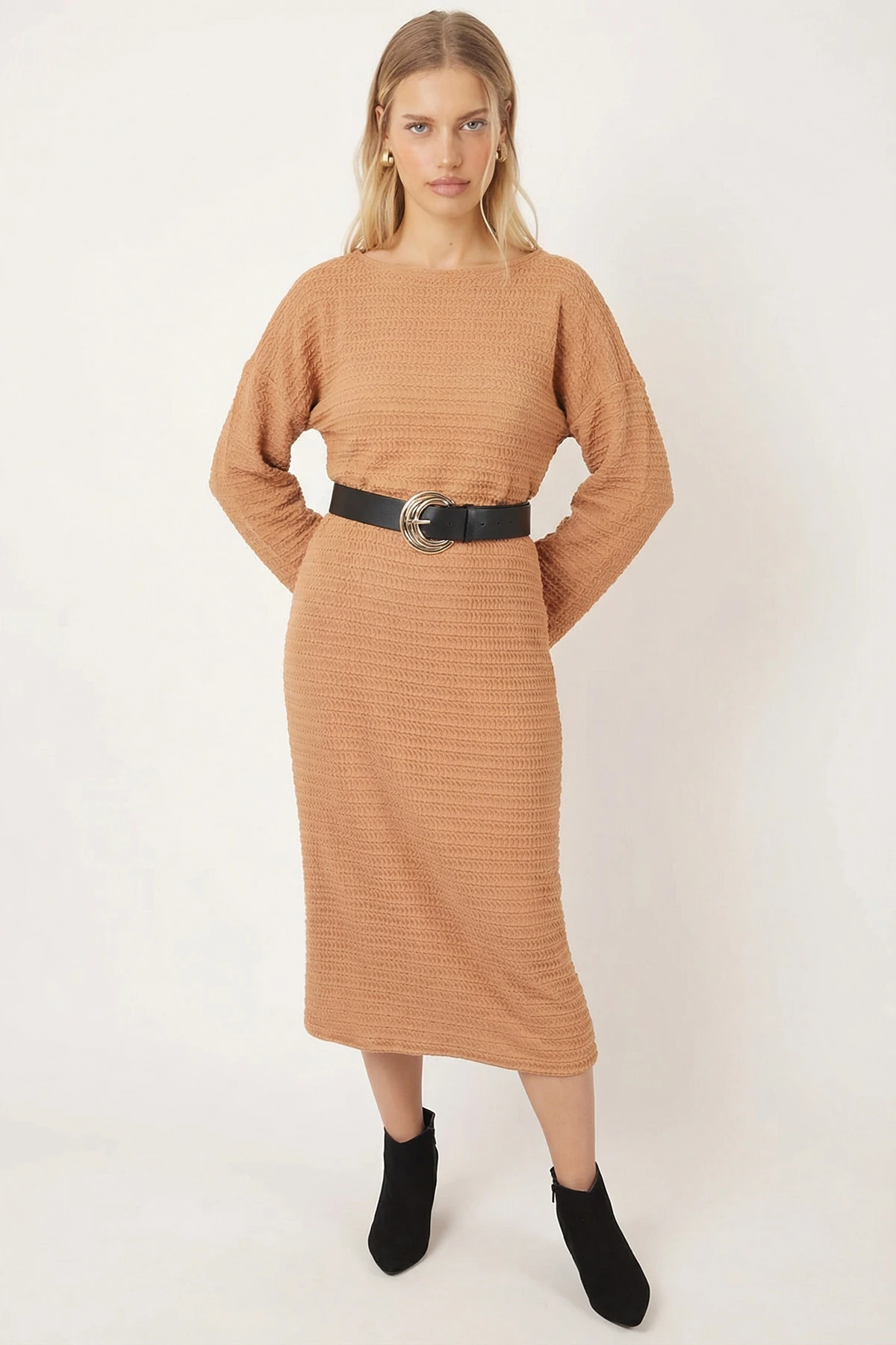 Kadın Vizon Uzun Kollu Yumuşak Dokulu Salaş Elbise ARM-26K001078