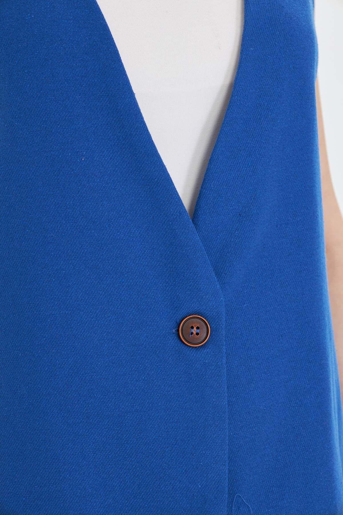Kadın Mavi V Yaka Tek Düğme Oversize Yelek ARM-25Y001036
