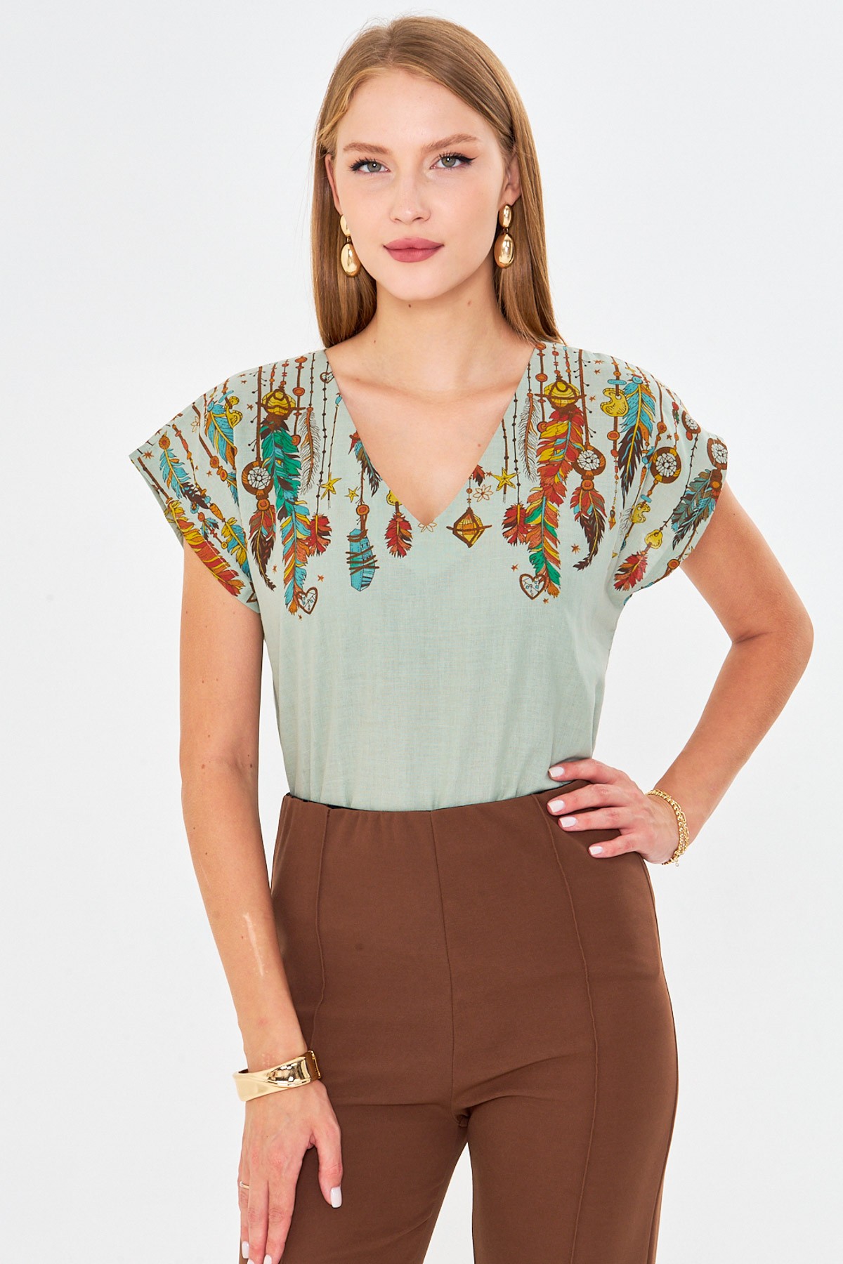 Kadın Mint V Yaka Baskılı Bluz ARM-25Y001086