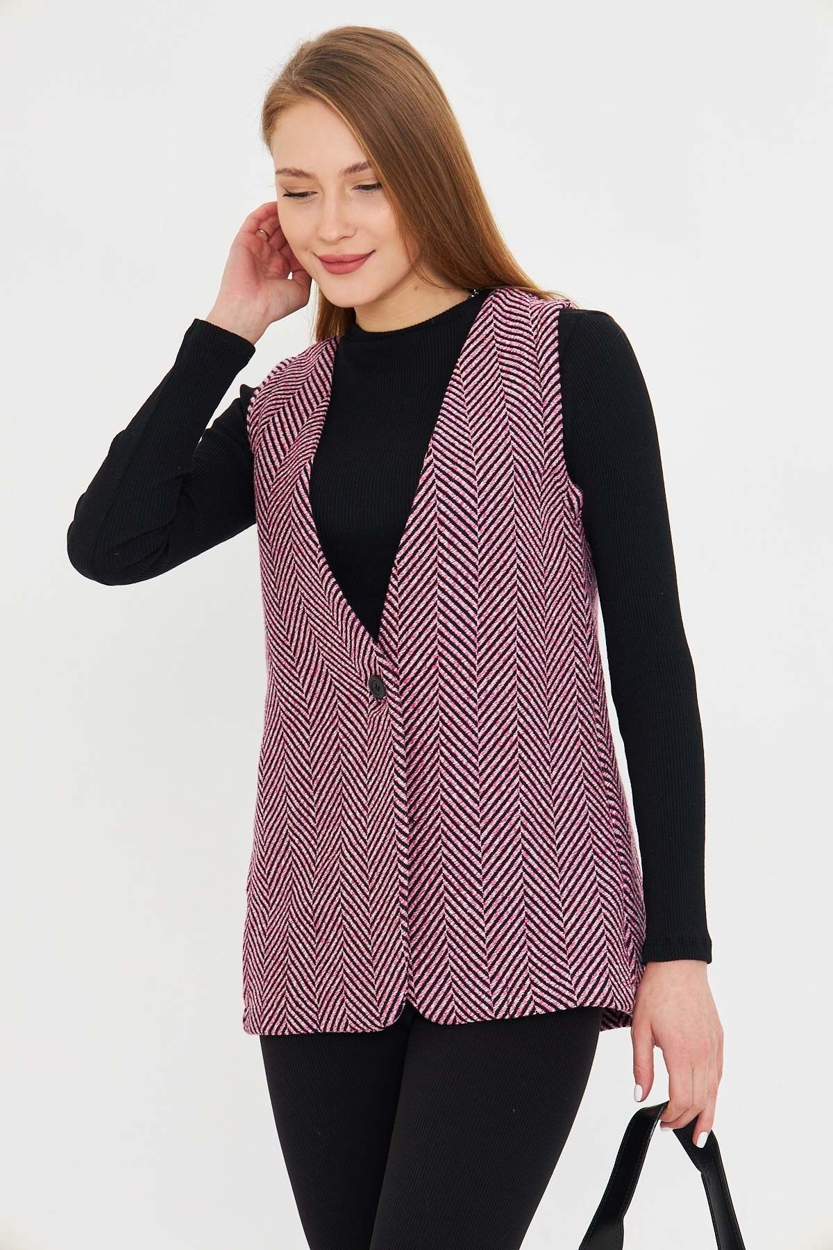 Kadın Pembe V Yaka Tek Düğmeli Oversize Desenli Yelek ARM-25K001110