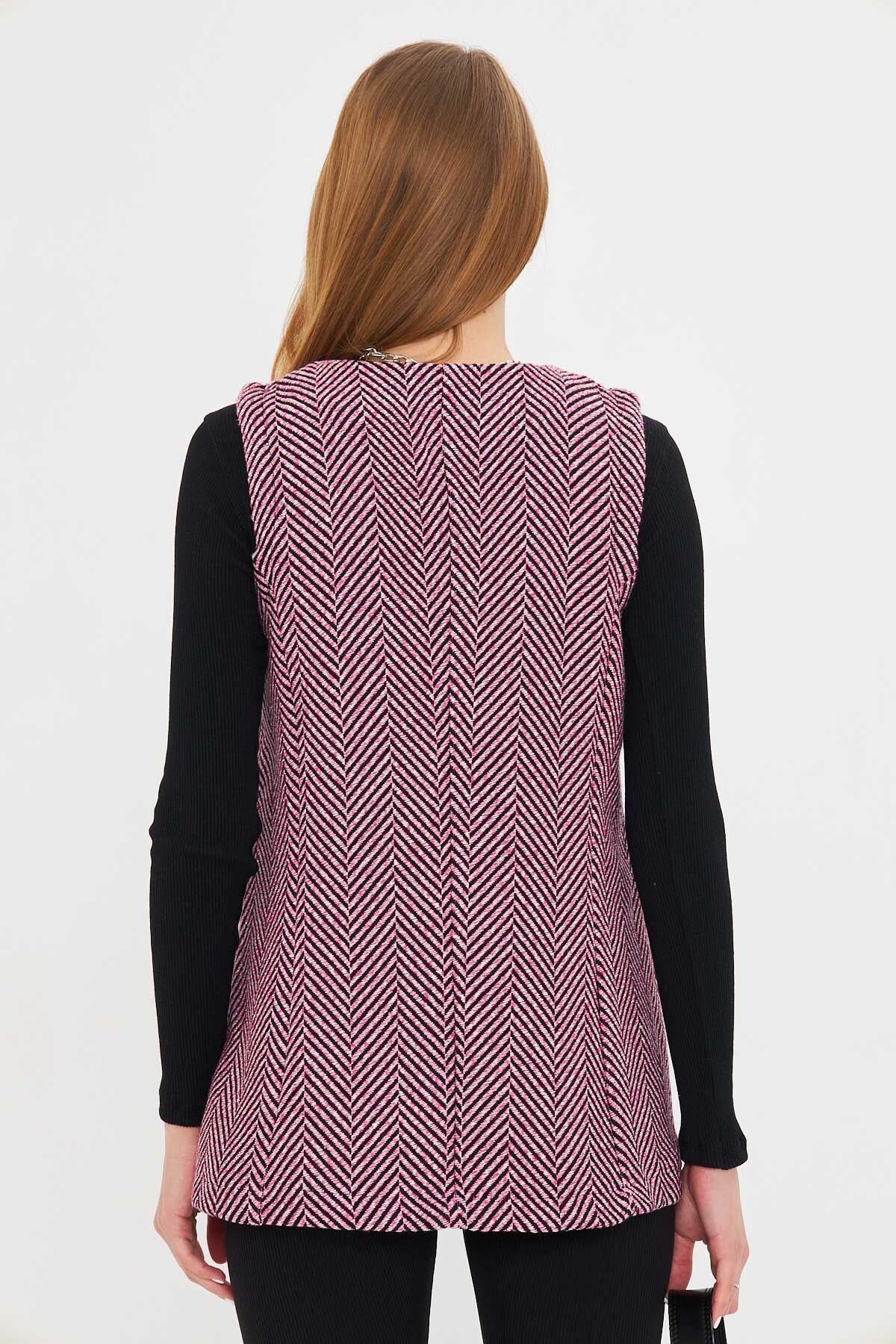 Kadın Pembe V Yaka Tek Düğmeli Oversize Desenli Yelek ARM-25K001110