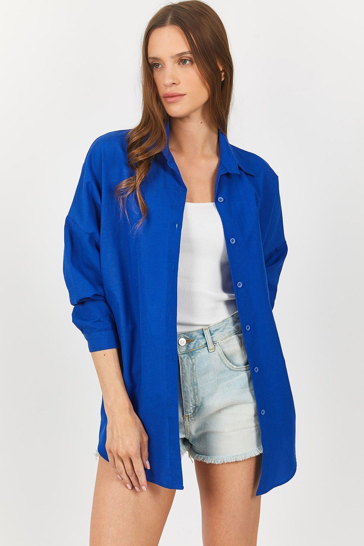 Kadın Saks Oversize Uzun Basic Gömlek Arm-22y001118