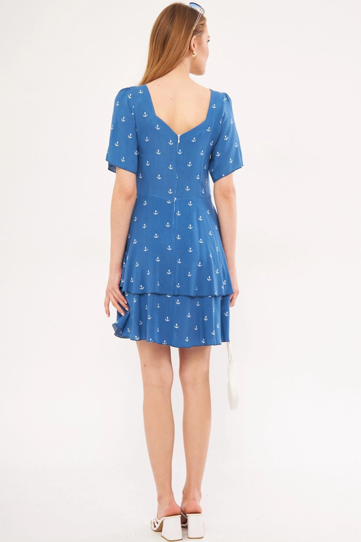 Kadın Mavi Eksi Elbise Kısa Kollu Eteği Katlı Fermuarlı Desenli Mini Boy ARM-24Y001026