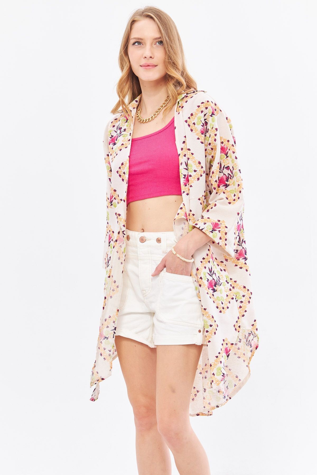 Kadın Açık Fuşya Keten Görünümlü Desenli Önden Bağlamalı Midi Boy Kimono Gömlek ARM-24Y001096