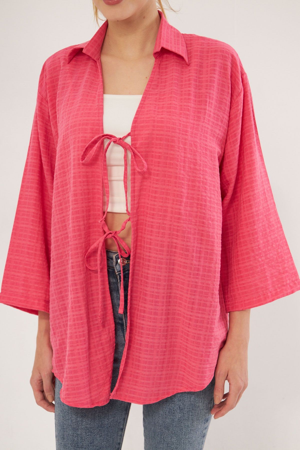 Kadın Fuşya Gömlek Yakalı Önden Bağcıklı Kimono Gömlek ARM-25K001006
