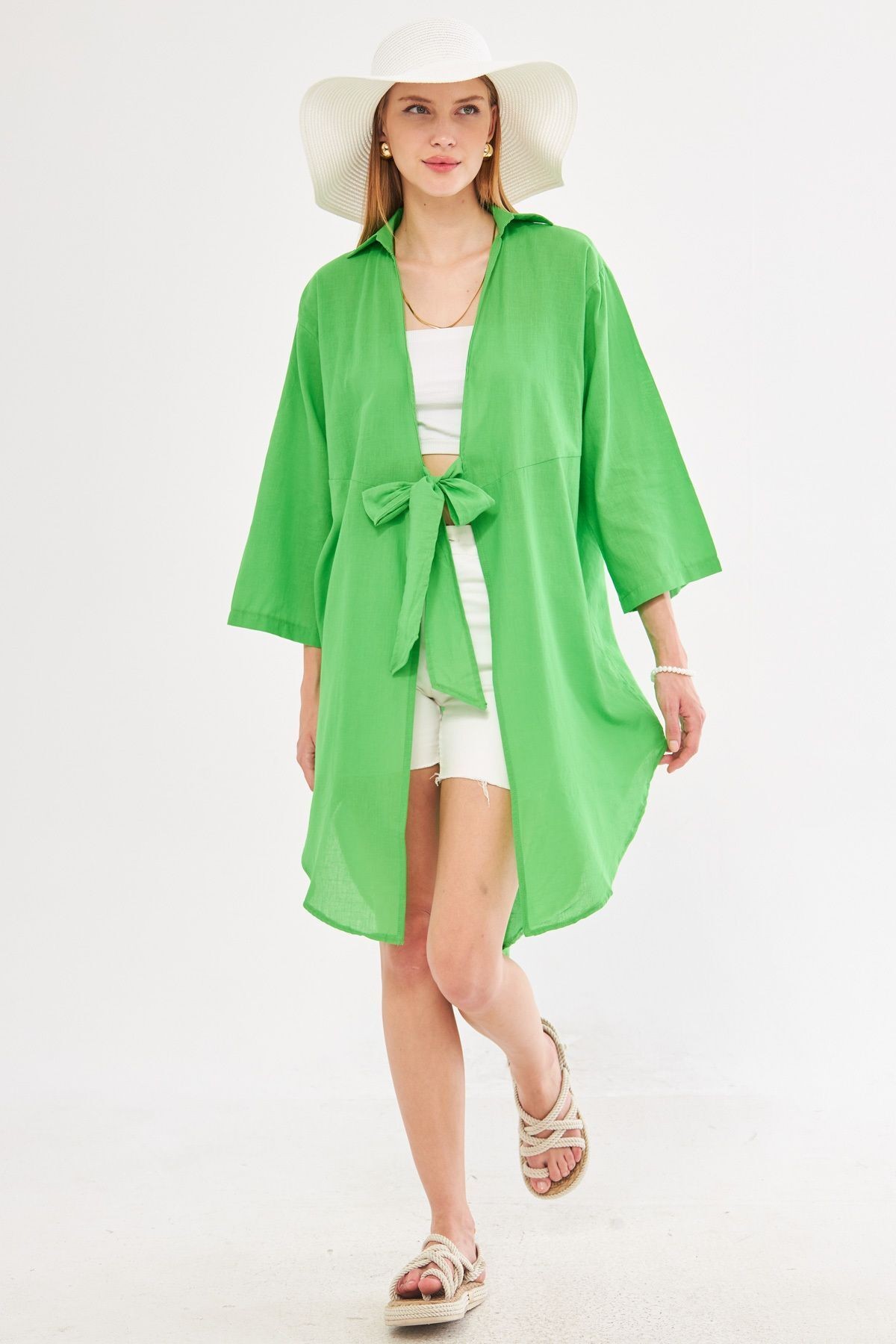 Kadın Yeşil Önden Bağlamalı İnce Keten Kumaş Midi Boy Kimono Gömlek ARM-24Y001081