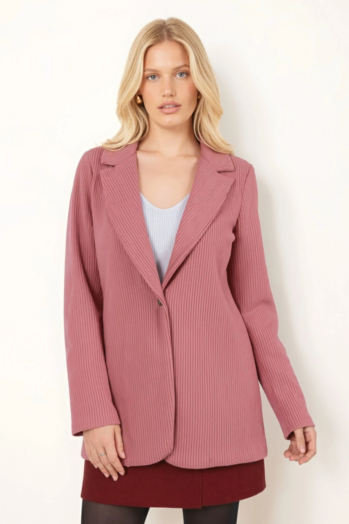 Kadın Pembe Tek Düğmeli Kadife Ceket ARM-24K001043