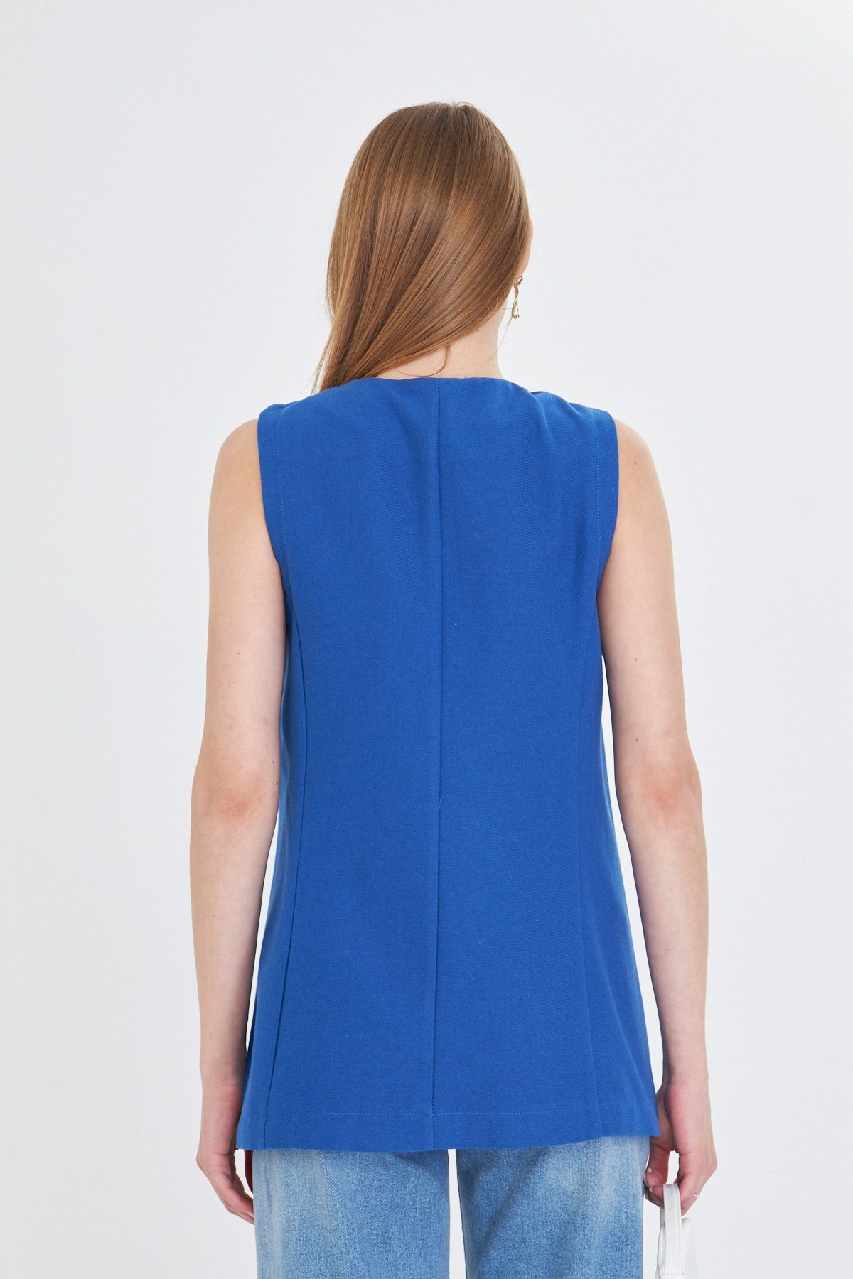 Kadın Mavi V Yaka Tek Düğme Oversize Yelek ARM-25Y001036