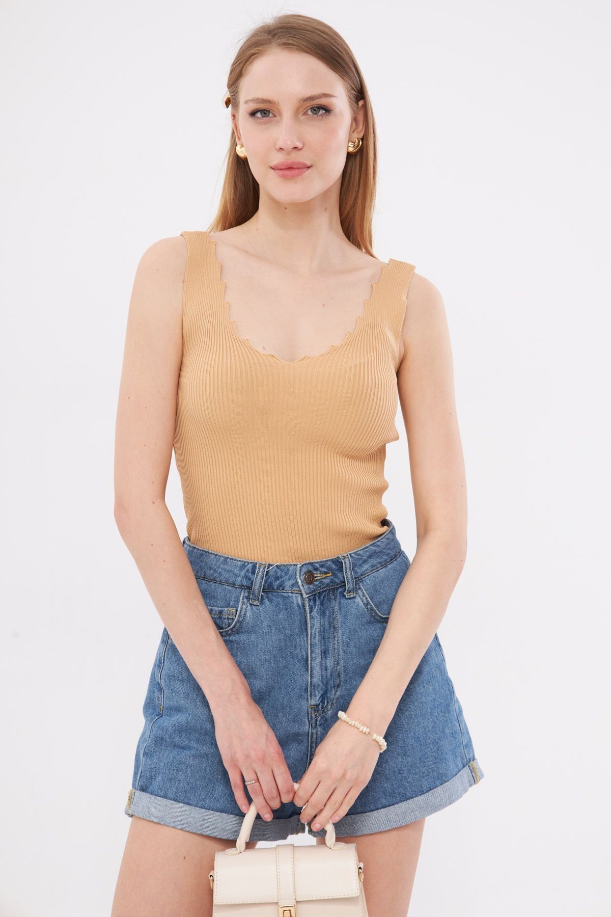 Kadın Vizon Zigzaglı V Yaka Kaşkorse Bluz ARM-23Y069004