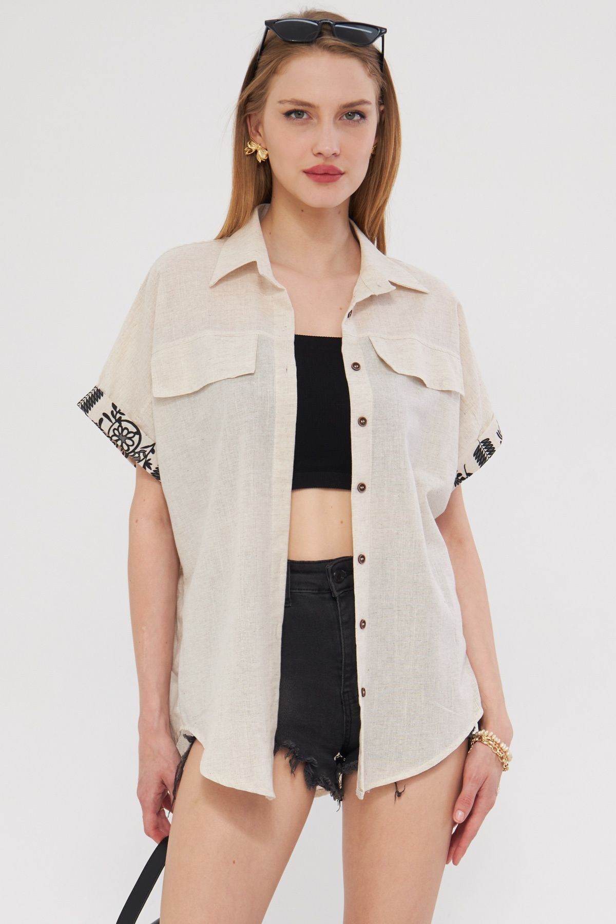 Kadın Bej Oversize Duble Kol Detaylı Gömlek ARM-24Y001075