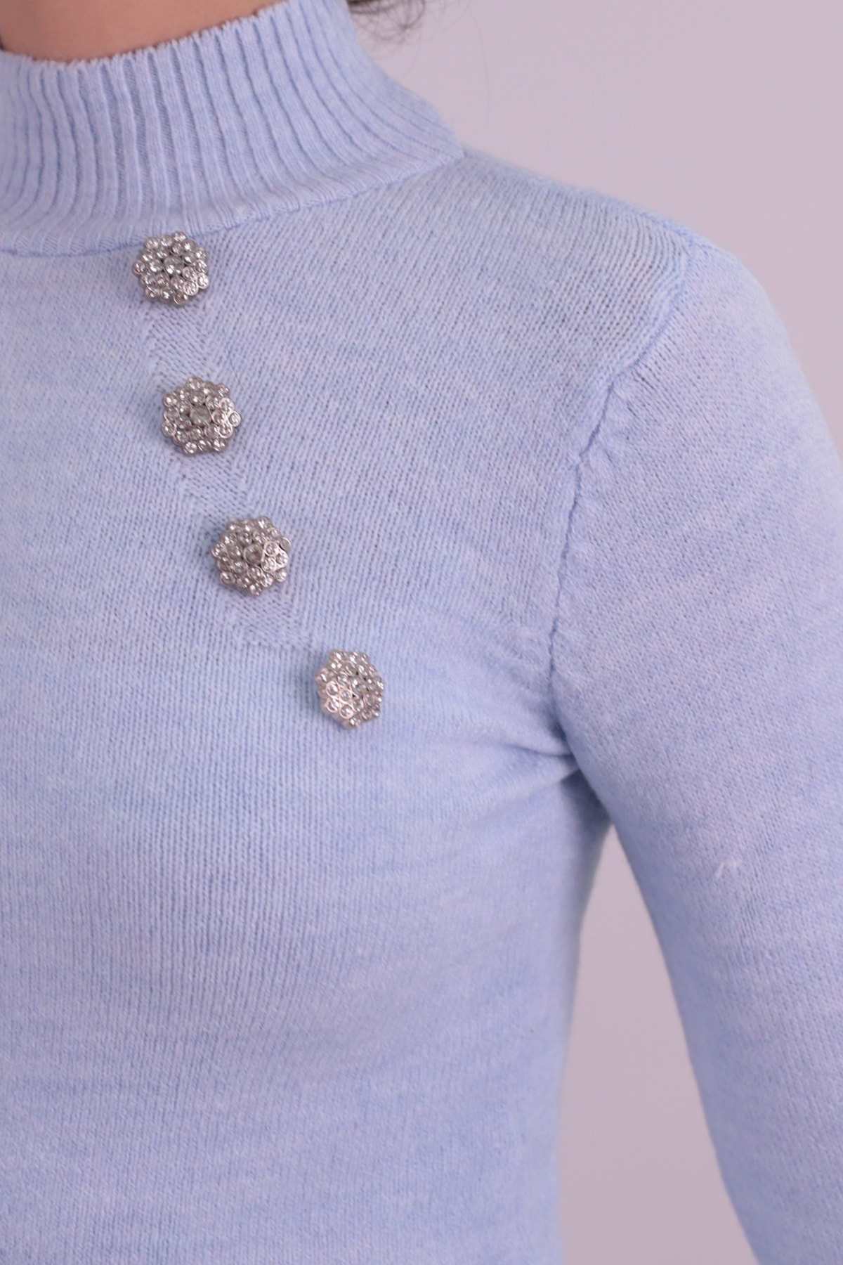 Kadın Mavi Yarım Balıkçı Yakası Taşlı Triko Elbise ARM-26K136046