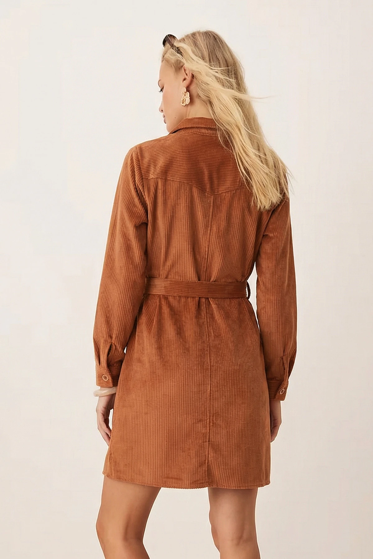 Kadın Taba Önden Düğmeli Cepli Kuşaklı Kadife Elbise ARM-25K001085