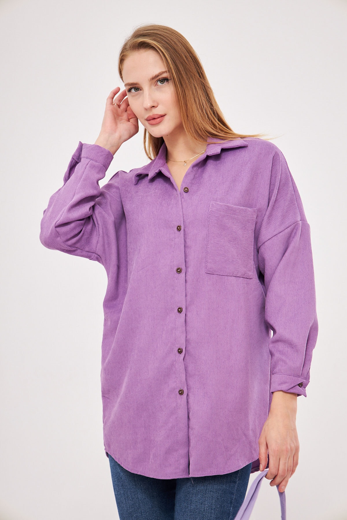 Kadın Lila Cepli Oversize İnce Fitilli Kadife Gömlek ARM-24K001076