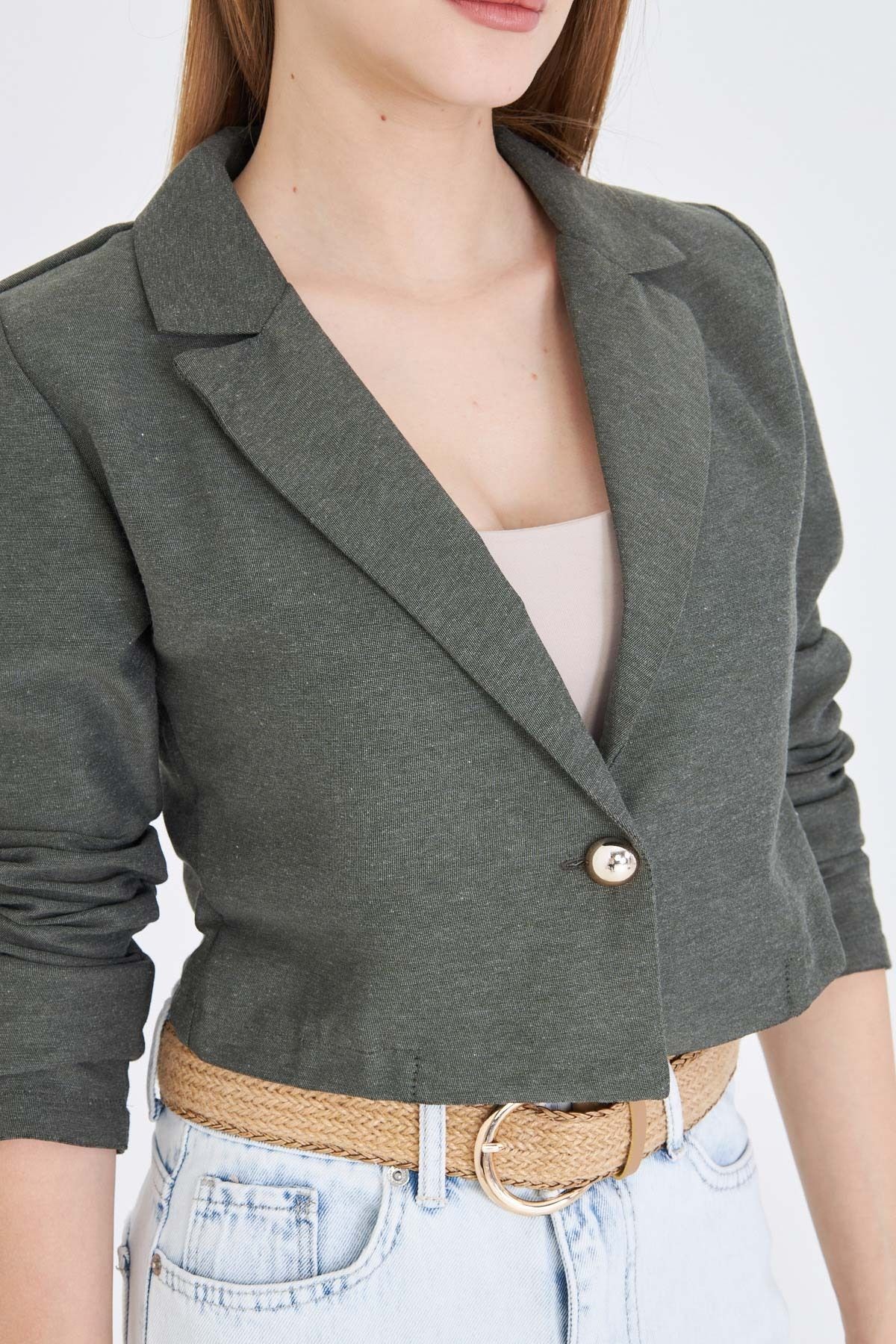 Kadın Haki Tek Düğmeli Crop Ceket ARM-23Y001064
