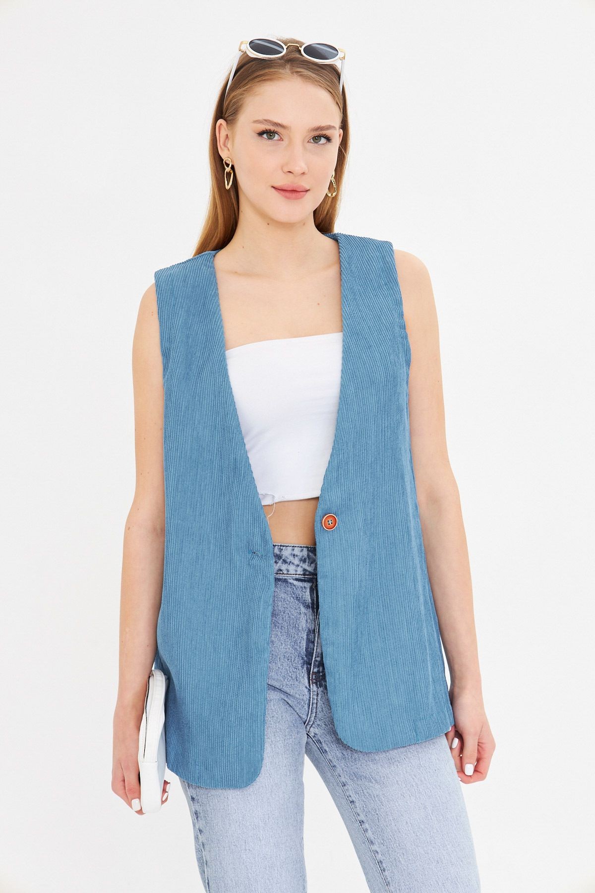 Kadın Mavi V Yaka Tek Düğmeli Oversize Kalın Fitilli Kadife Yelek ARM-25K001016