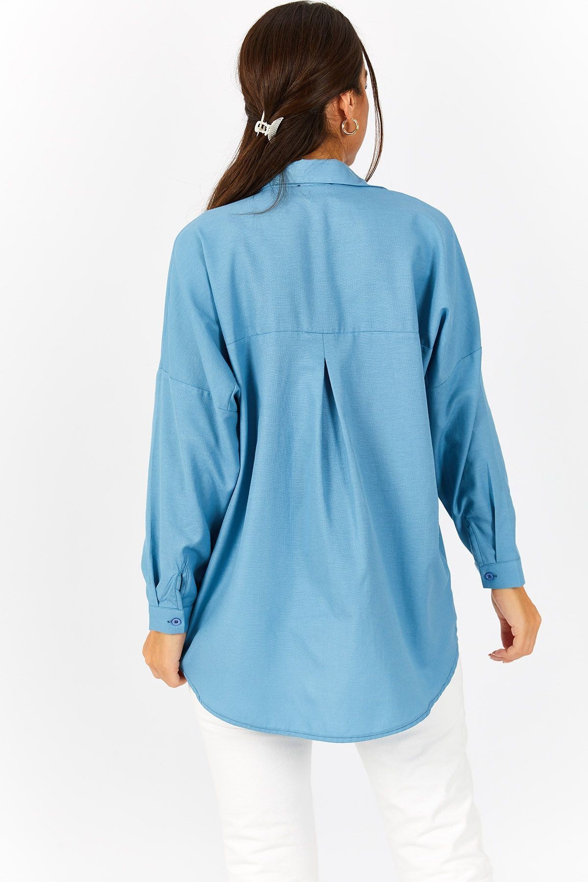 Kadın Buzmavi Oversize Uzun Basic Gömlek ARM-22Y001118