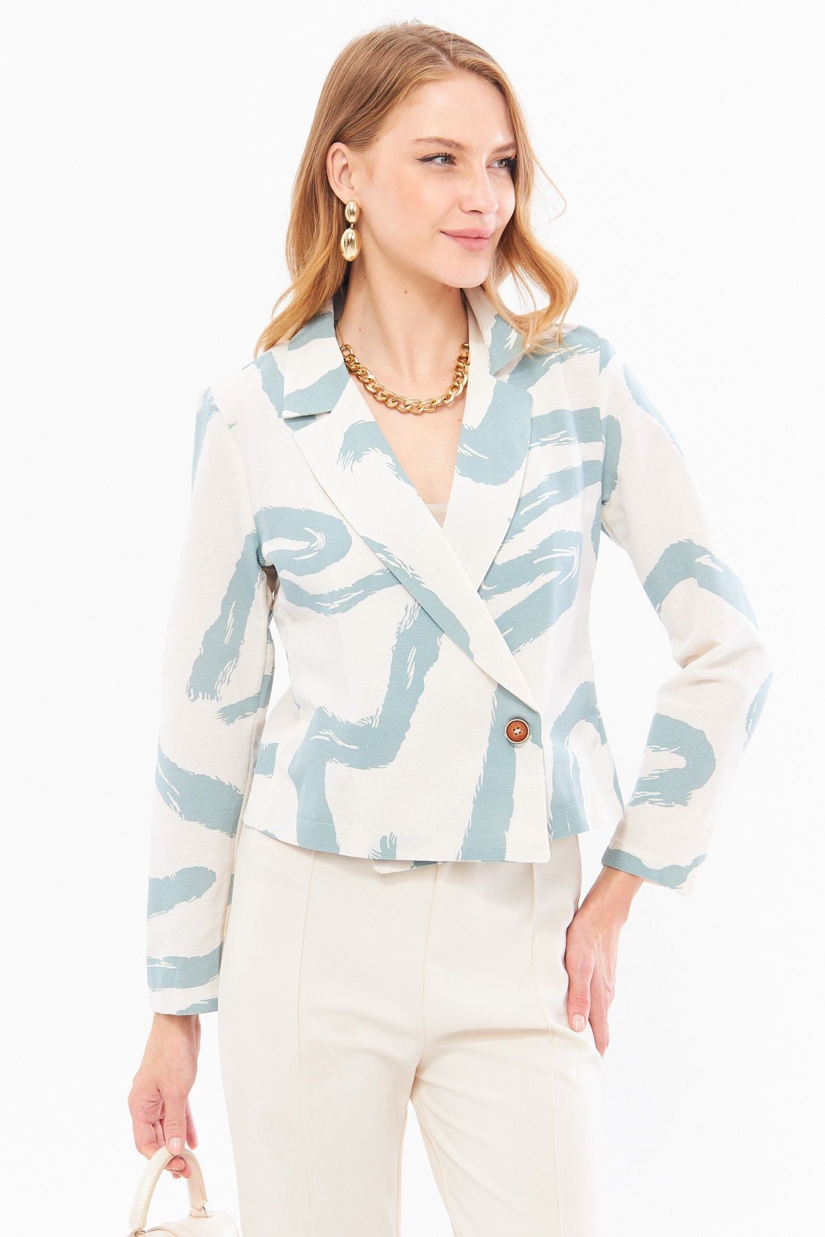 Kadın Mint Kruvaze Yaka Desenli Crop Ceket ARM-24Y001058