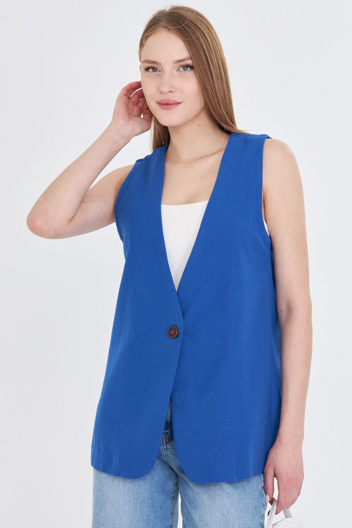 Kadın Mavi V Yaka Tek Düğme Oversize Yelek ARM-25Y001036