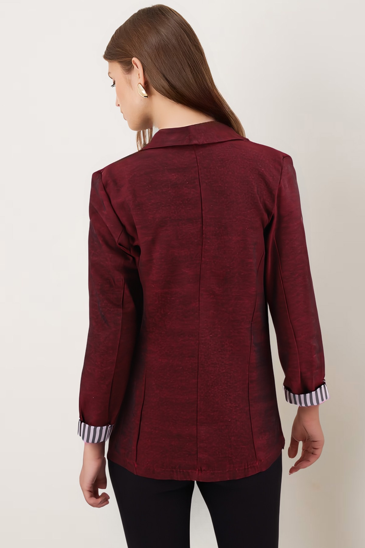 Kadın Açık Bordo Kol İçi Çizgili Tek Düğmeli Ceket ARM-22K001122