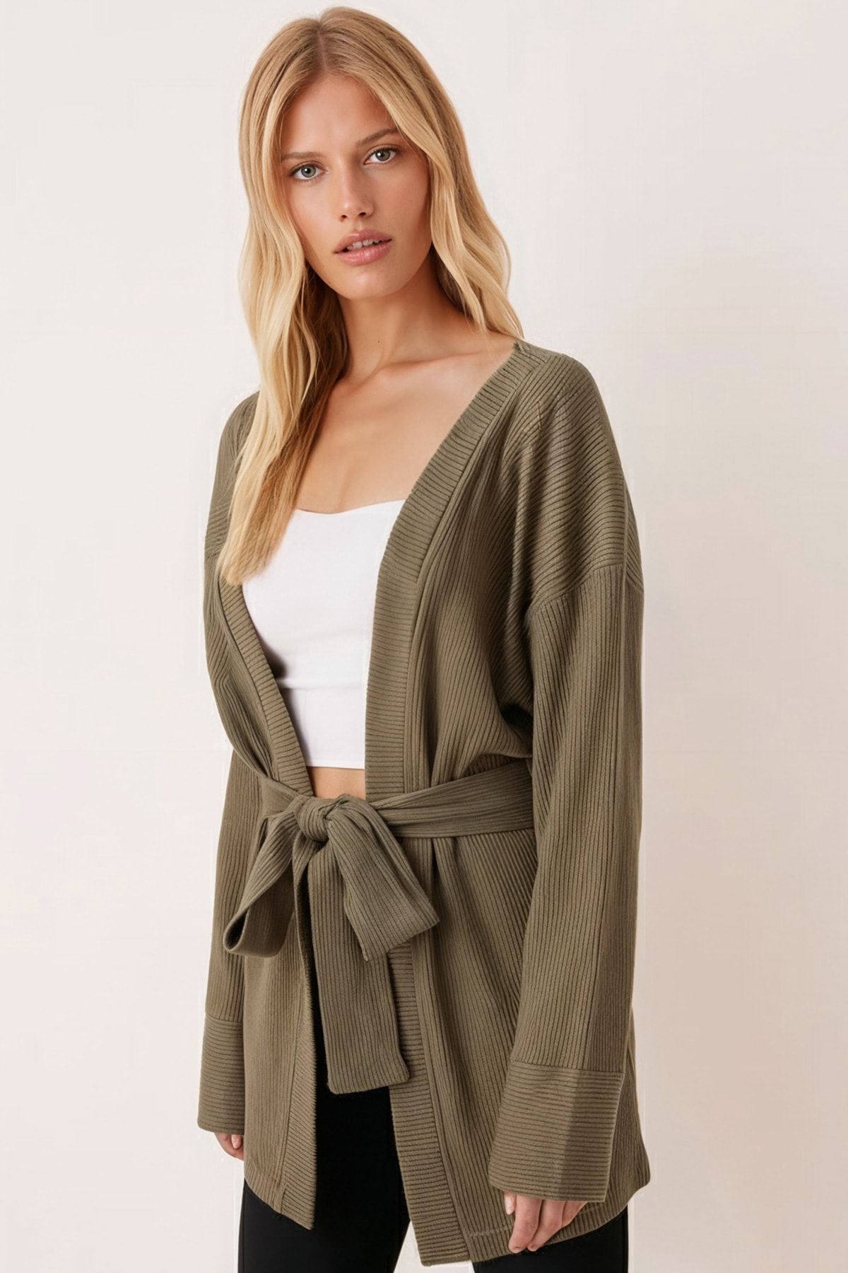 Kadın Haki Kemerli Triko Kimono ARM-26K001011
