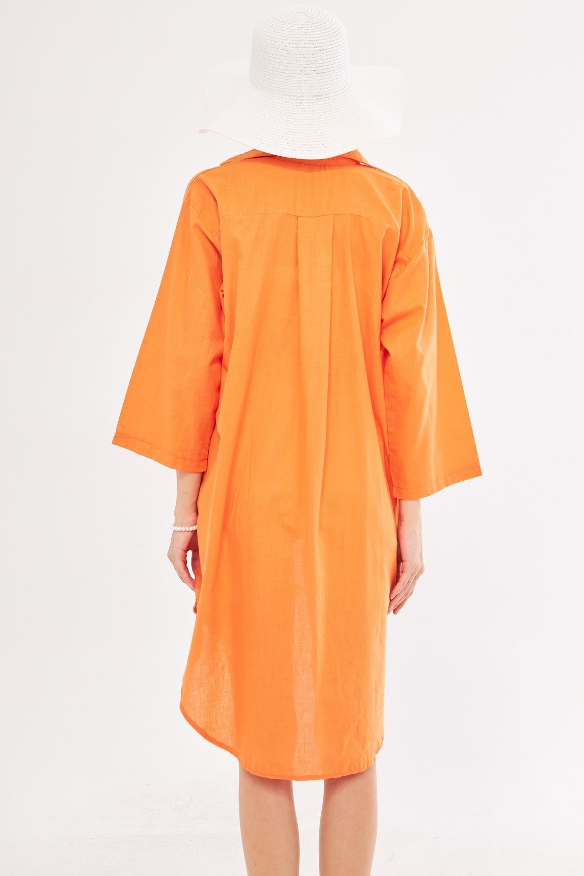Kadın Turuncu Önden Bağlamalı İnce Keten Kumaş Midi Boy Kimono Gömlek ARM-24Y001081