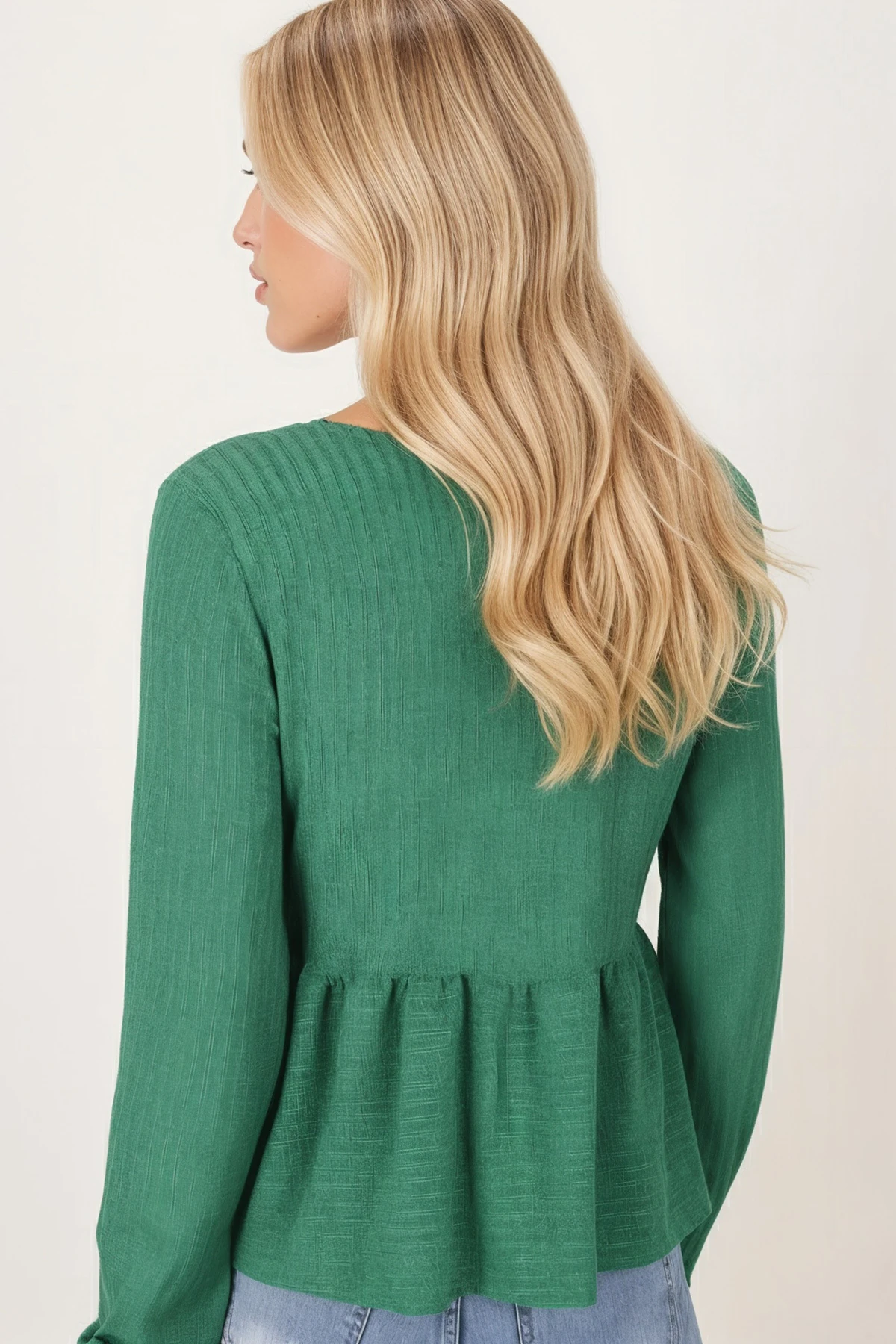 Kadın Yeşil V Yaka Yumuşak Dokulu Önü Bağlamalı Kolları Lastikli Triko Hırka ARM-26K001010