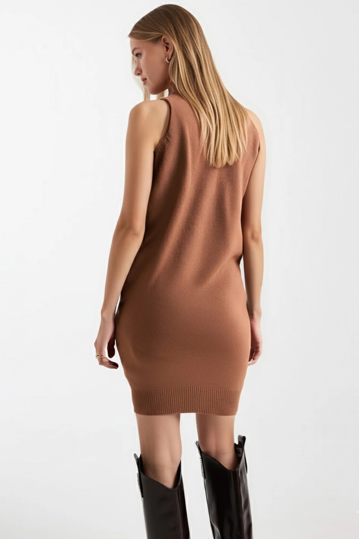 Kadın Camel Önü Pencereli Kolsuz Triko Elbise ARM-26K136063