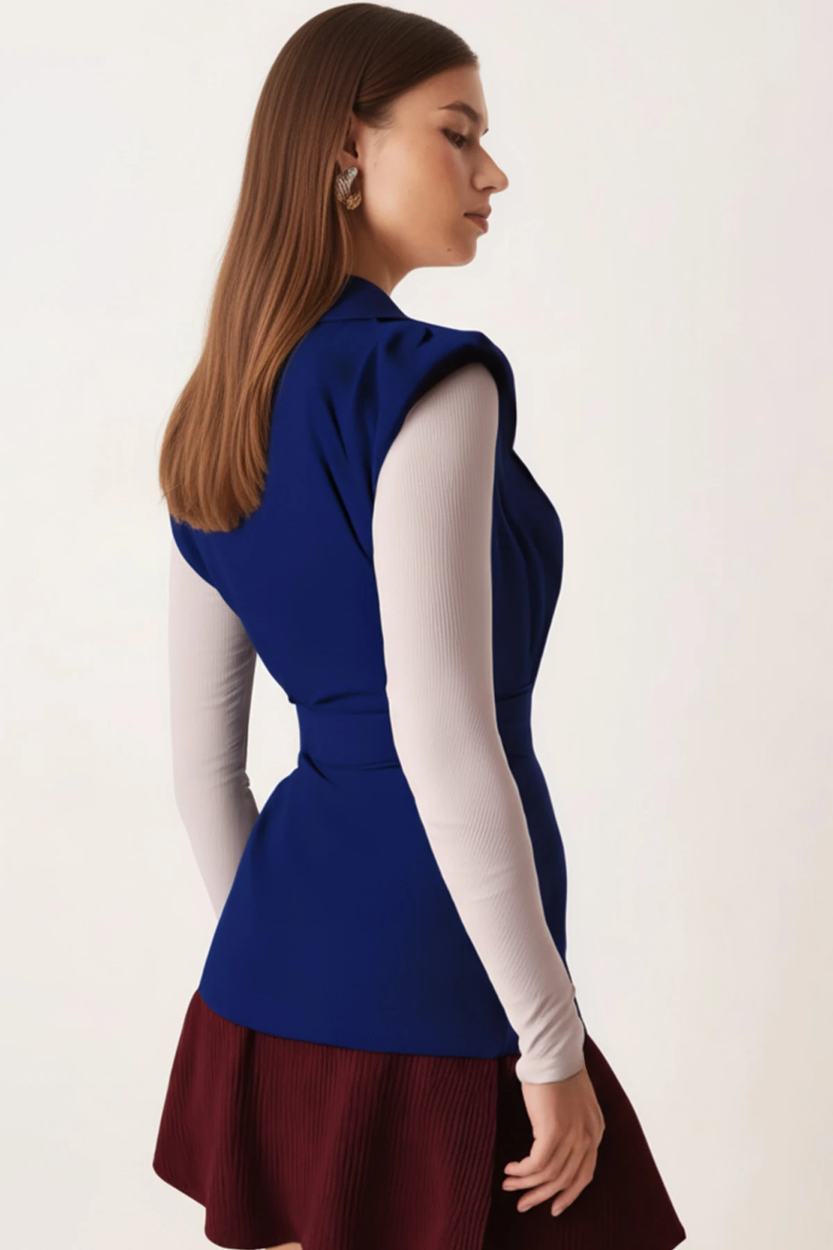 Kadın Saks Erkek Yaka Beli Kuşaklı Keten Görünümlü Yelek ARM-25Y001079