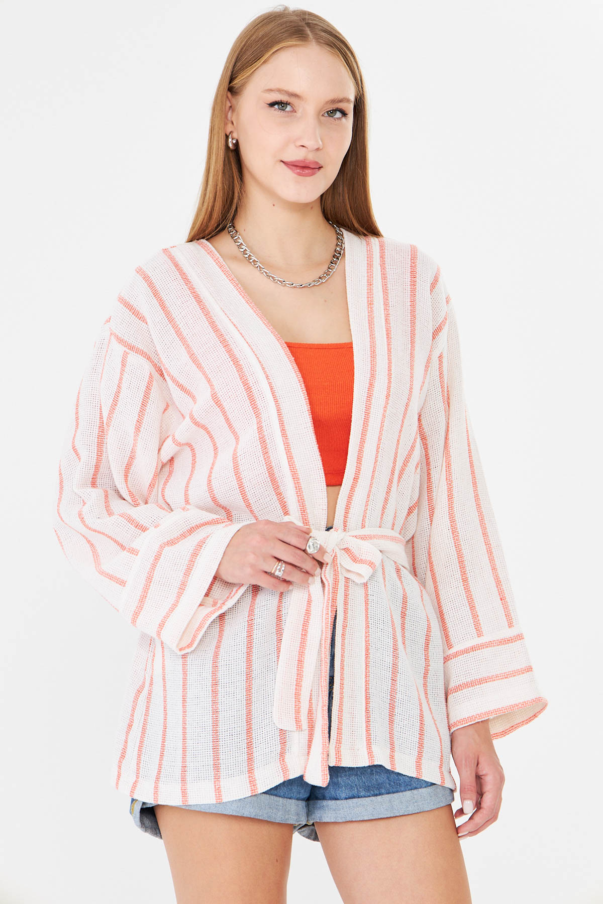 Kadın Turuncu-Beyaz Kemerli Kimono ARM-25Y001073