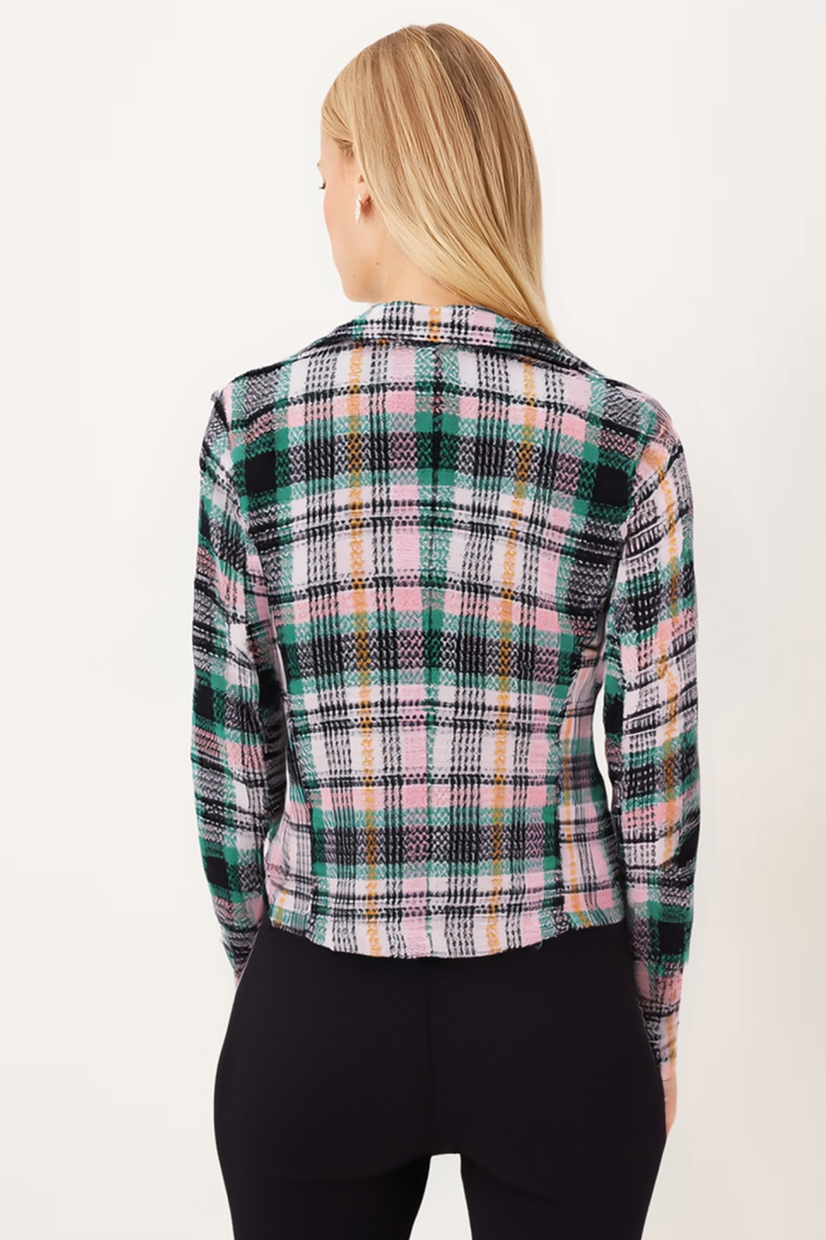Kadın Yeşil-Siyah Kruvaze Yaka Tüvit Crop Ceket ARM-24K001014