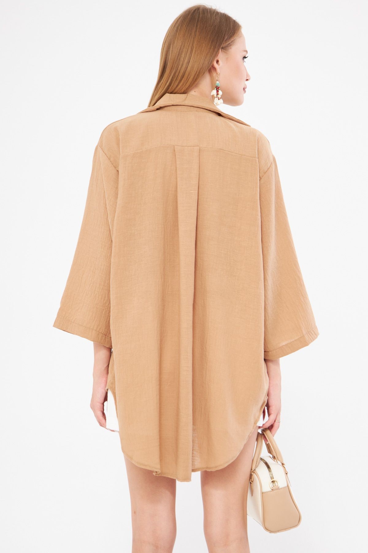 Kadın Koyu Vizon Keten Görünümlü Önden Bağlamalı Kimono Gömlek ARM-24Y001063