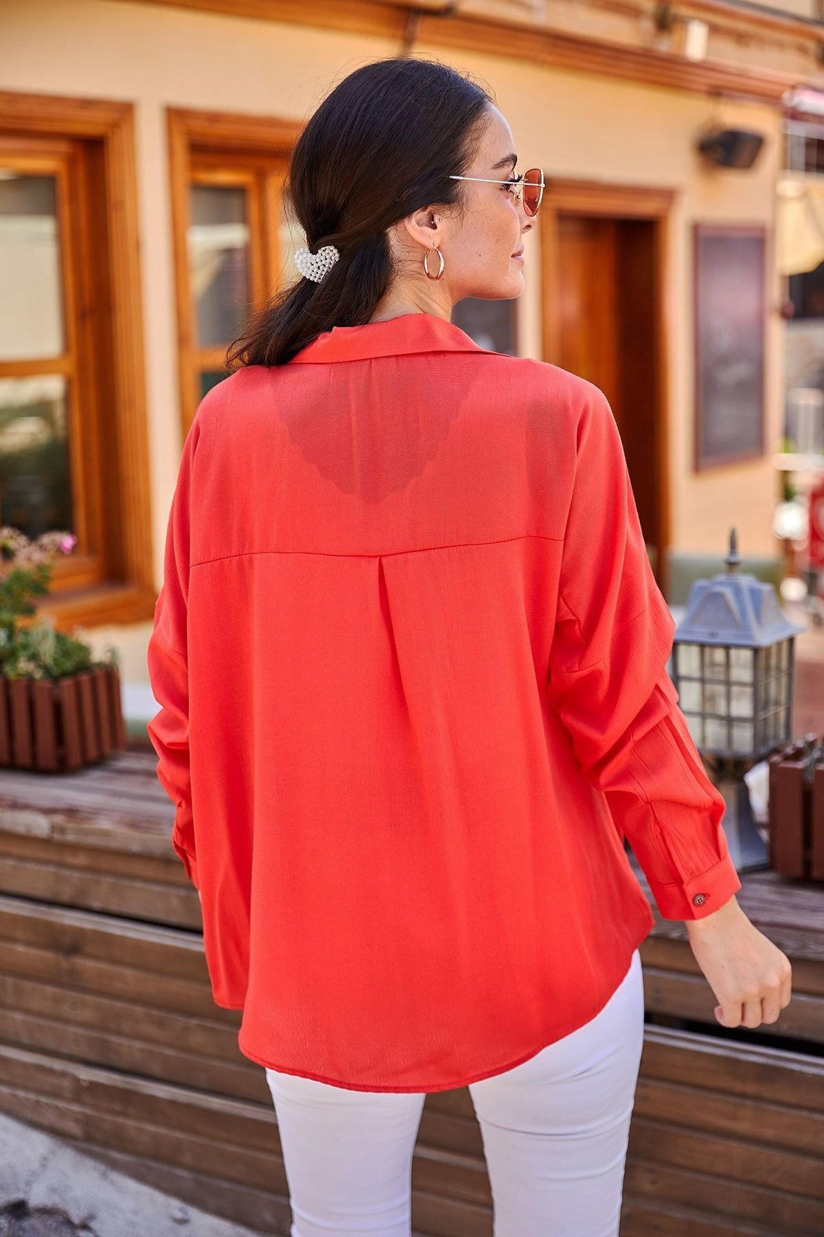 Kadın Kırmızı Oversize Uzun Basic Gömlek