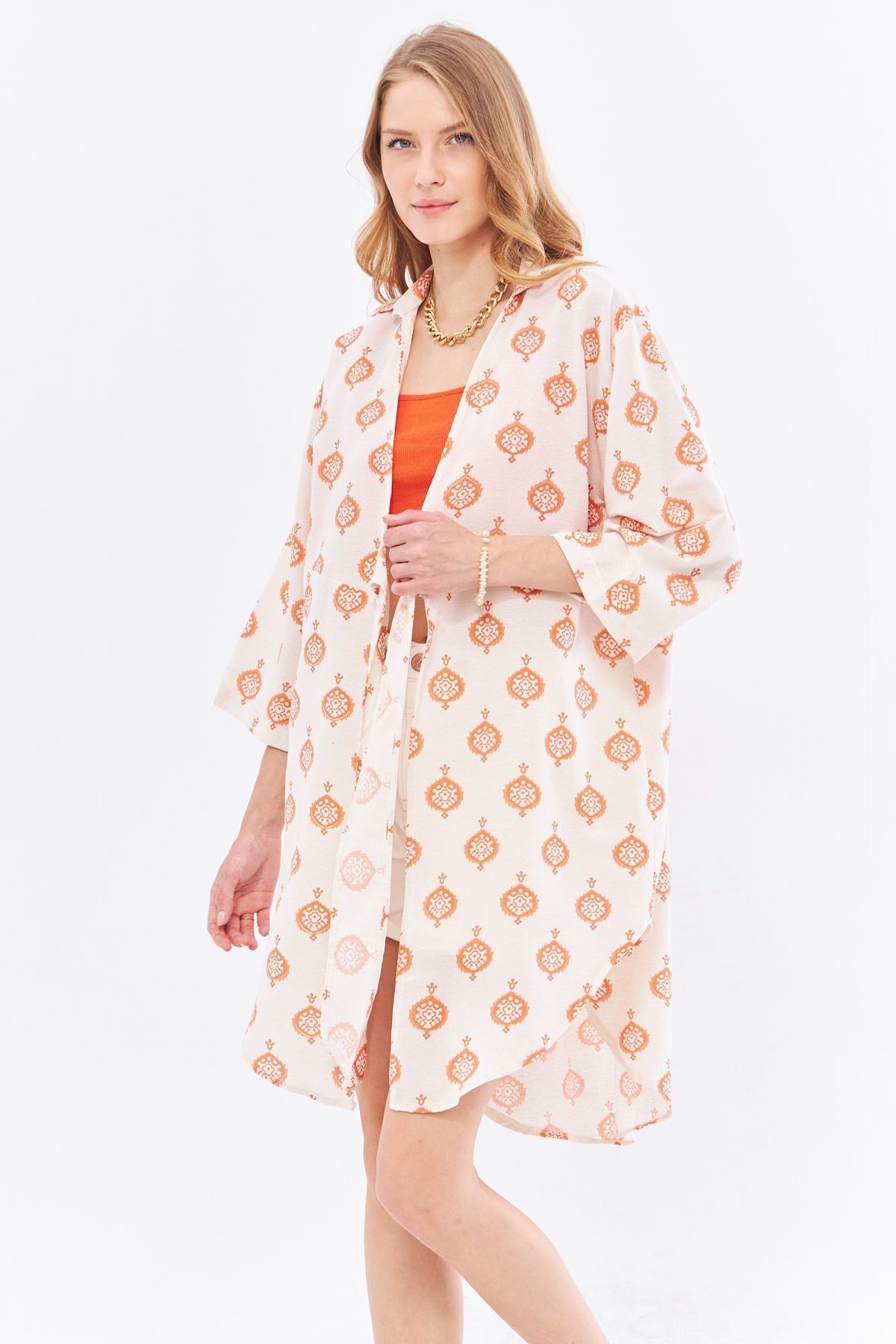 Kadın Turuncu Keten Görünümlü Desenli Önden Bağlamalı Midi Boy Kimono Gömlek ARM-24Y001096