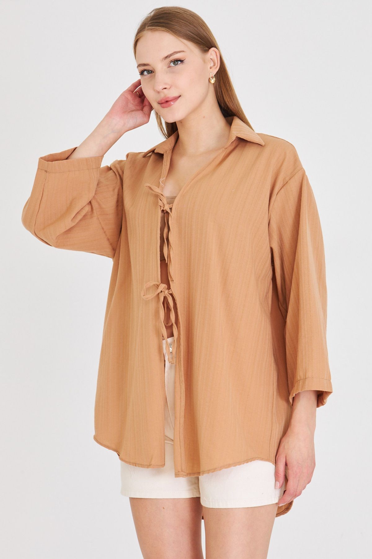 Kadın Camel Gömlek Yakalı Önden Bağcıklı Kimono Gömlek ARM-25K001006