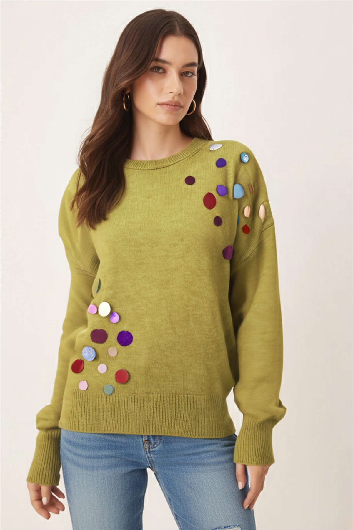 Kadın Yağ Yeşili Pul Detaylı Yarasa Kol Kazak ARM-26K136003