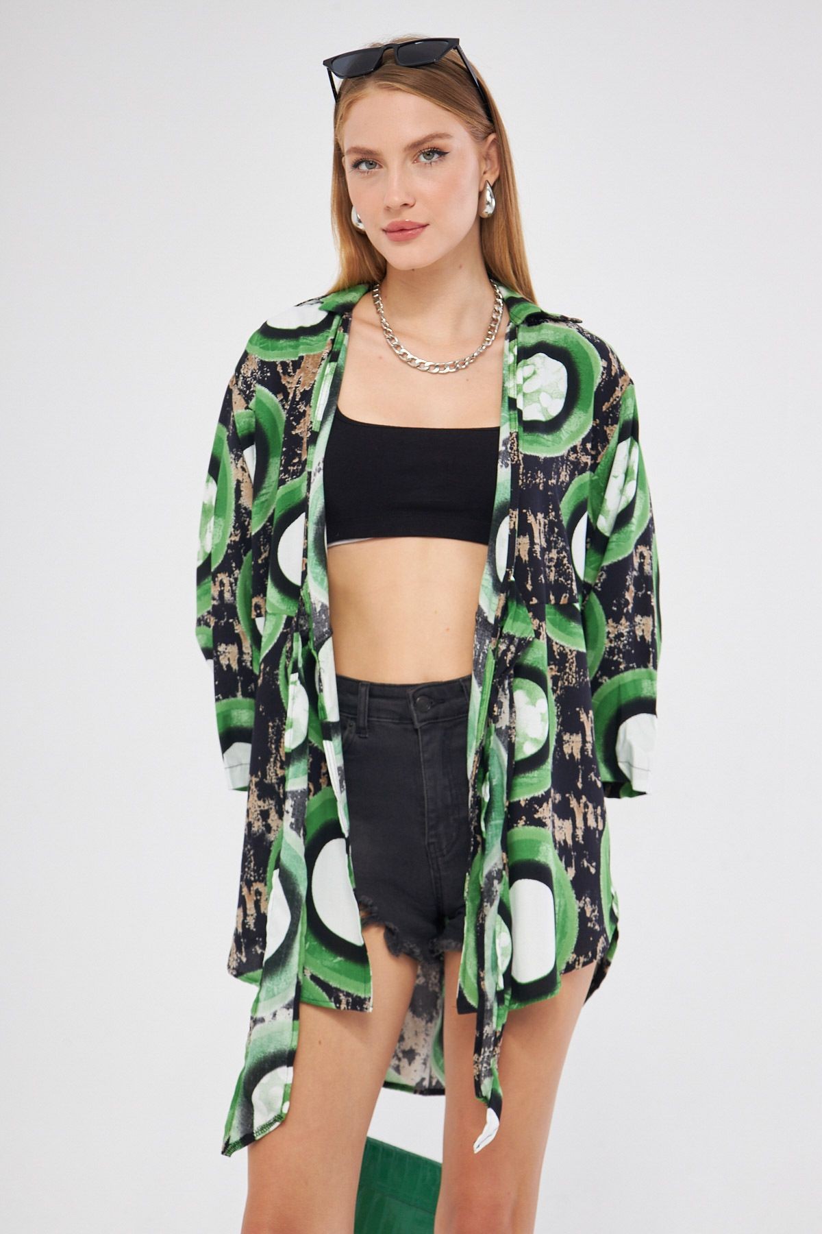 Kadın Fıstık Yeşili Desenli Önden Bağlamalı Kimono Gömlek ARM-24Y001080