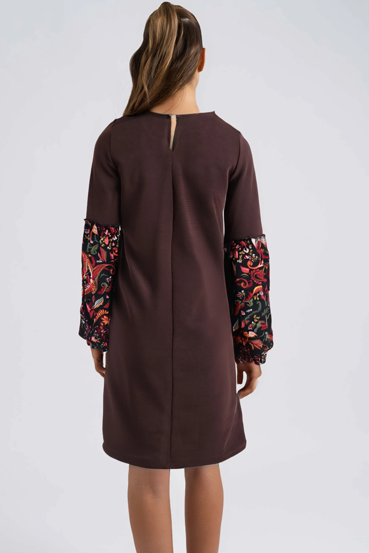 Kadın Kahve Desenli Balon Kol Elbise ARM-26K001051