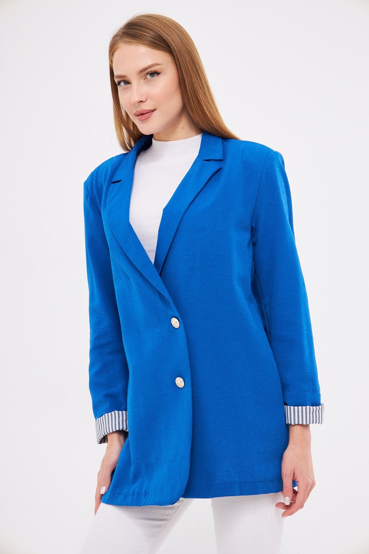 Kadın Saks Kruvaze Yaka Kolu Katlama Detaylı Oversize Vatkalı Blazer Ceket ARM-25K001015