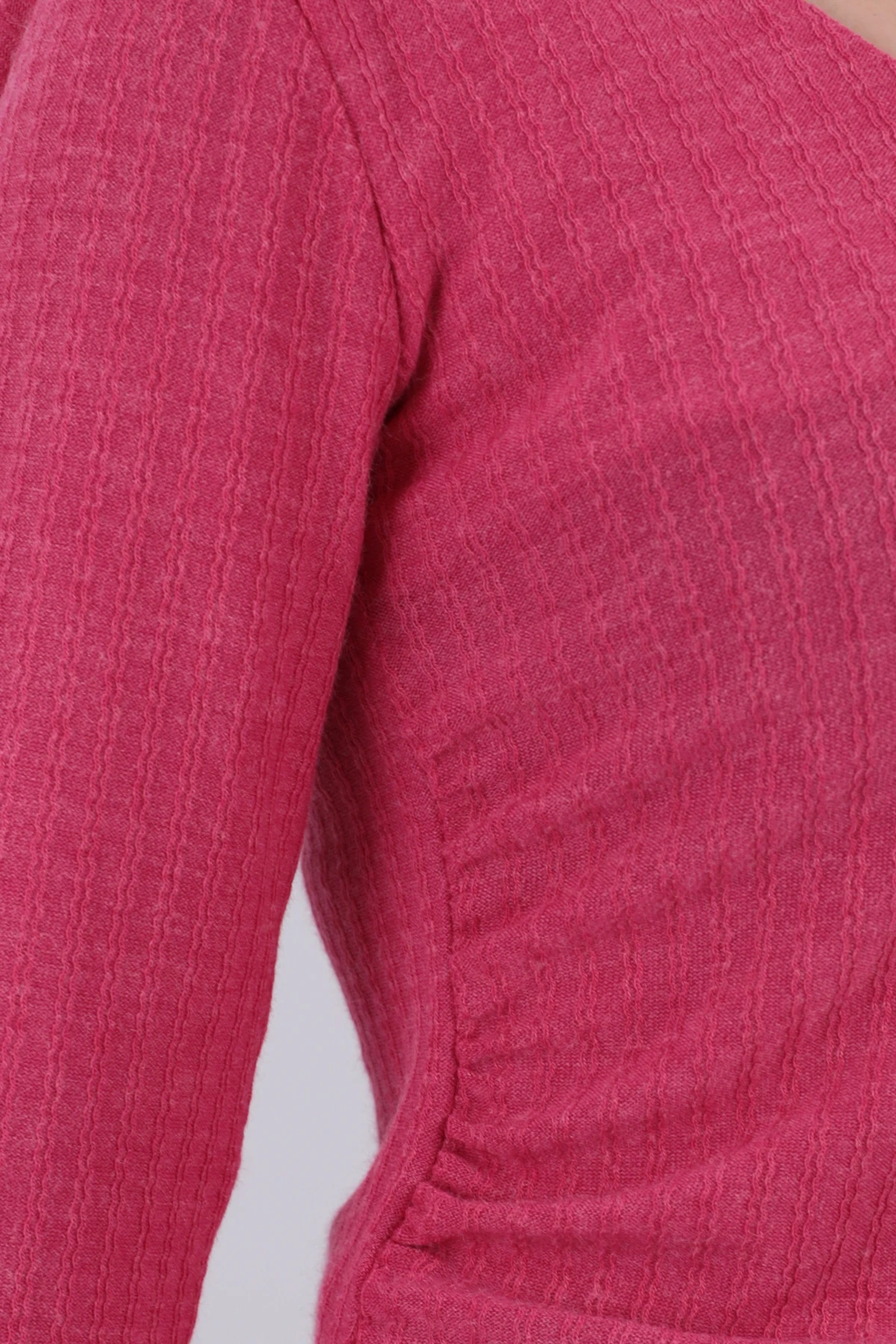 Kadın Fuşya V Yaka Uzun Kollu Önü Büzgülü Yumuşak Dokulu Likralı Bluz ARM-26K001014