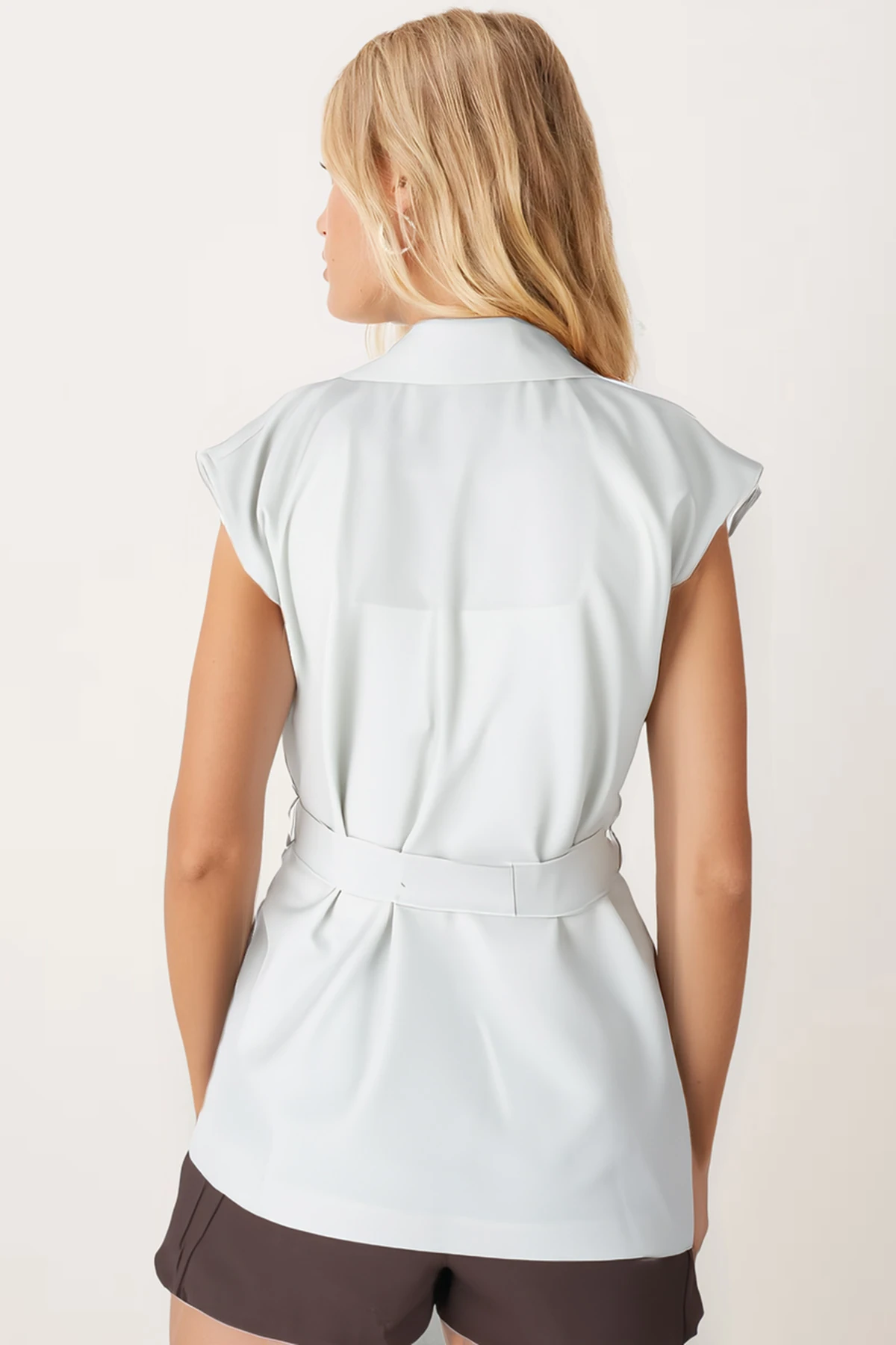 Kadın Mint Erkek Yaka Beli Kuşaklı Keten Görünümlü Yelek ARM-25Y001079