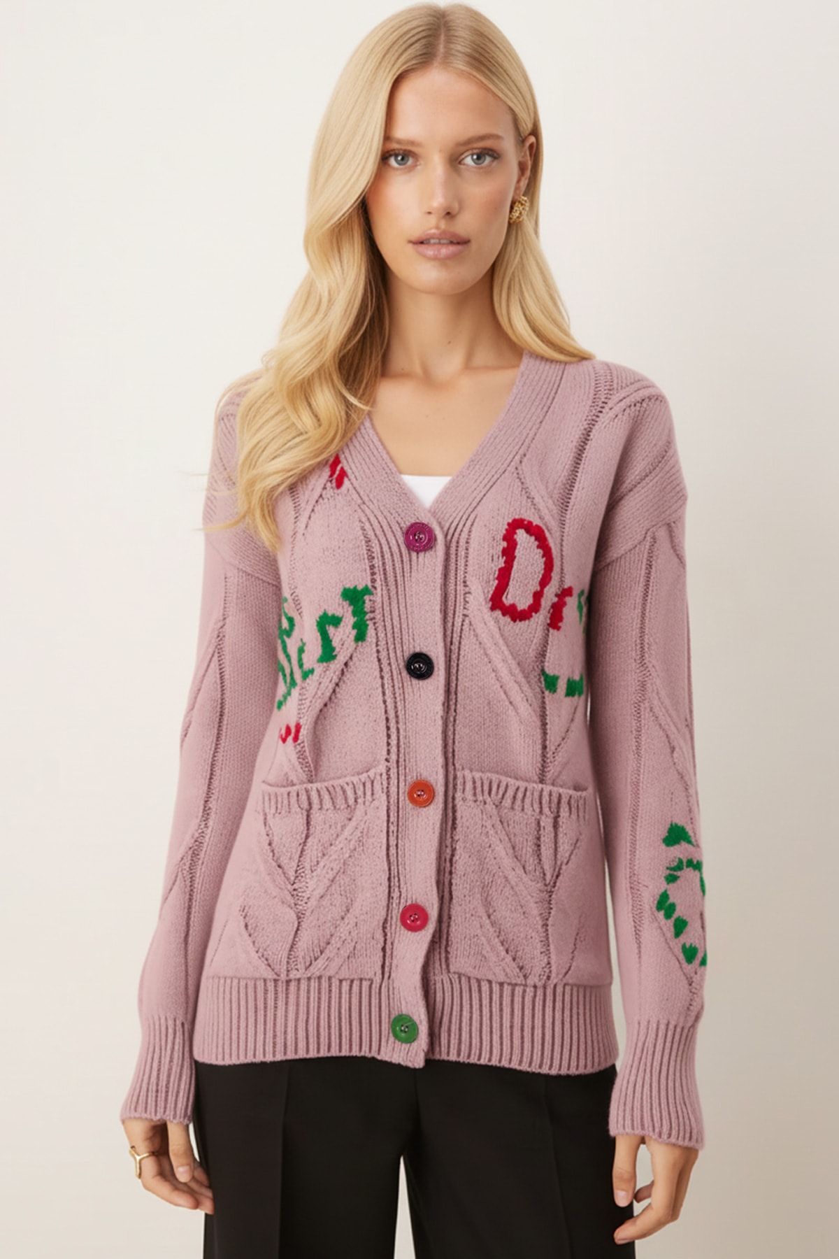 Kadın Pudra V Yaka Cepli Triko Hırka ARM-26K136048