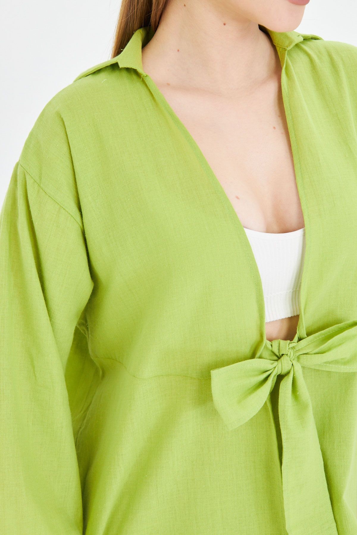 Kadın Yağ Yeşili Önden Bağlamalı İnce Keten Kumaş Midi Boy Kimono Gömlek ARM-24Y001081