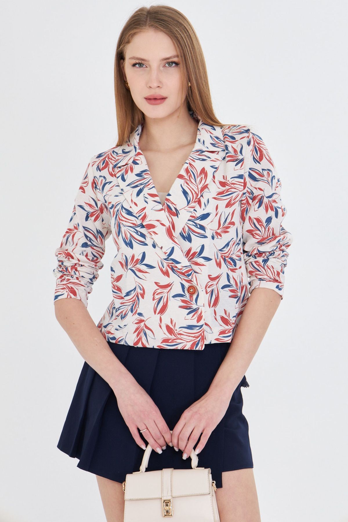 Kadın Kiremit Kruvaze Yaka Desenli Crop Ceket ARM-24Y001058