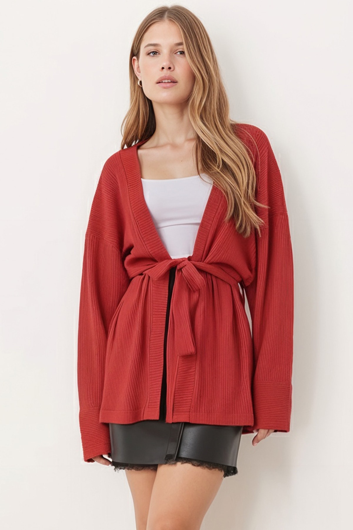 Kadın Nar Çiçeği Kemerli Triko Kimono ARM-26K001011
