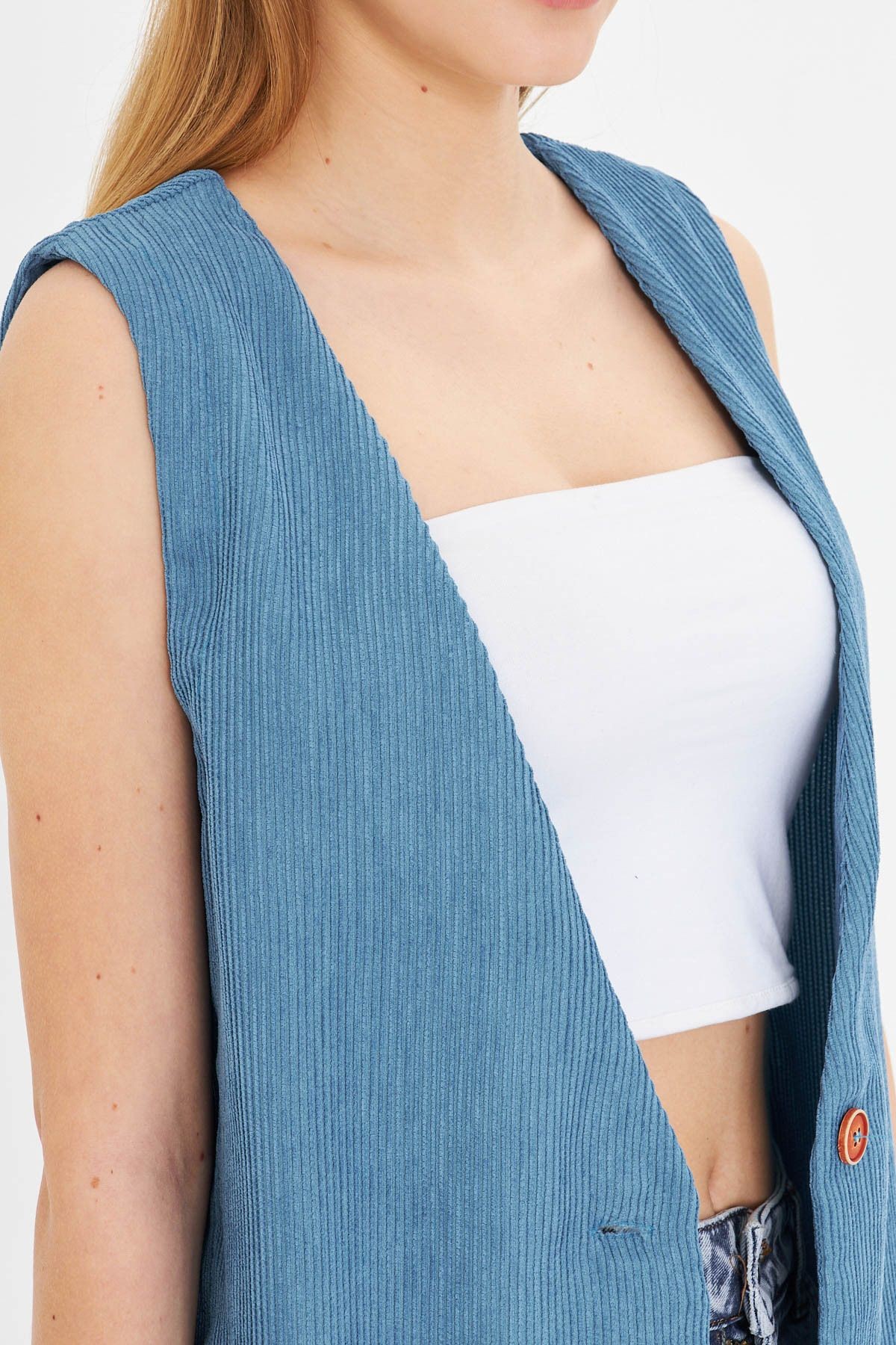 Kadın Mavi V Yaka Tek Düğmeli Oversize Kalın Fitilli Kadife Yelek ARM-25K001016