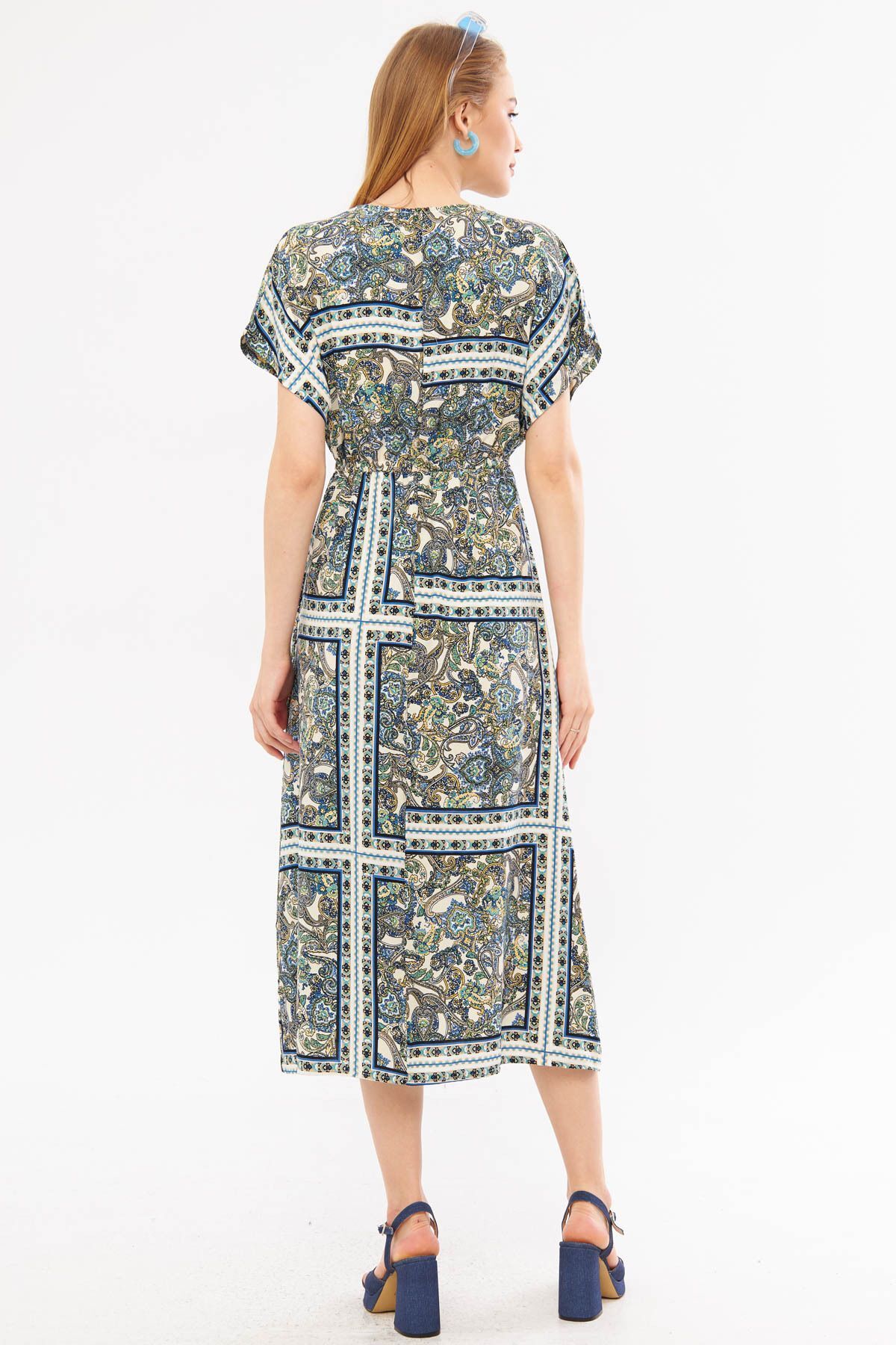 Kadın Lacivert Kruvaze Yaka Yarasa Kol Beli Lastikli Önden Yırtmaçlı Uzun Elbise ARM-24Y001059