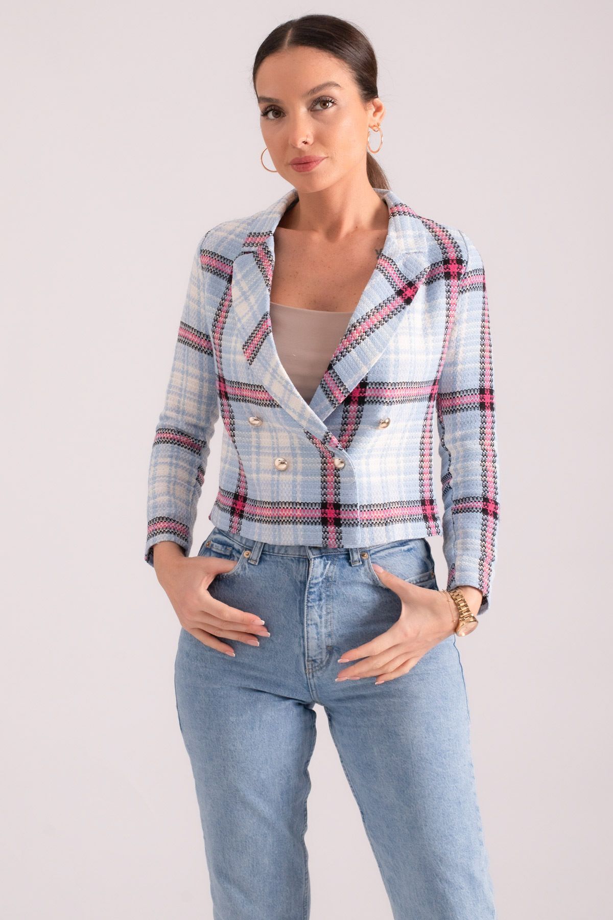 Kadın Mavi-Fuşya Kruvaze Yaka Tüvit Crop Ceket  ARM-24K001014